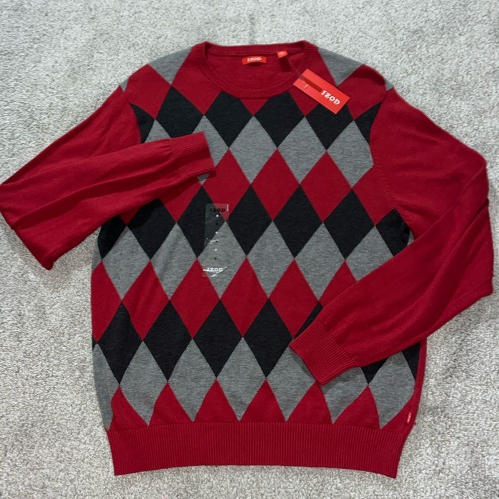 Men's $60 NEW Izod Red Dahlia & Gray Argyle LS College University Sweater M NWT